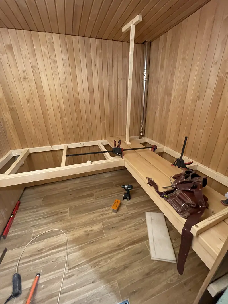 Sauna benches being constructed